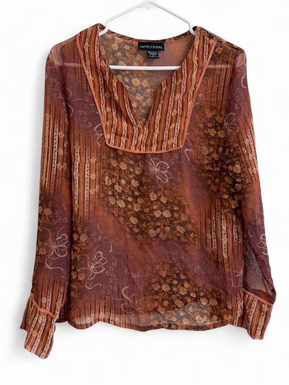 Impressions Women's Rust-Brown Floral Sheer V-Neck Blouse